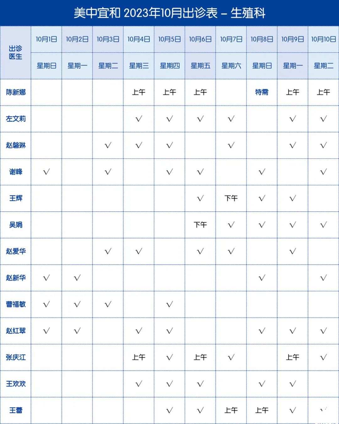 美中宜和生殖中心2023年10月医生出诊表