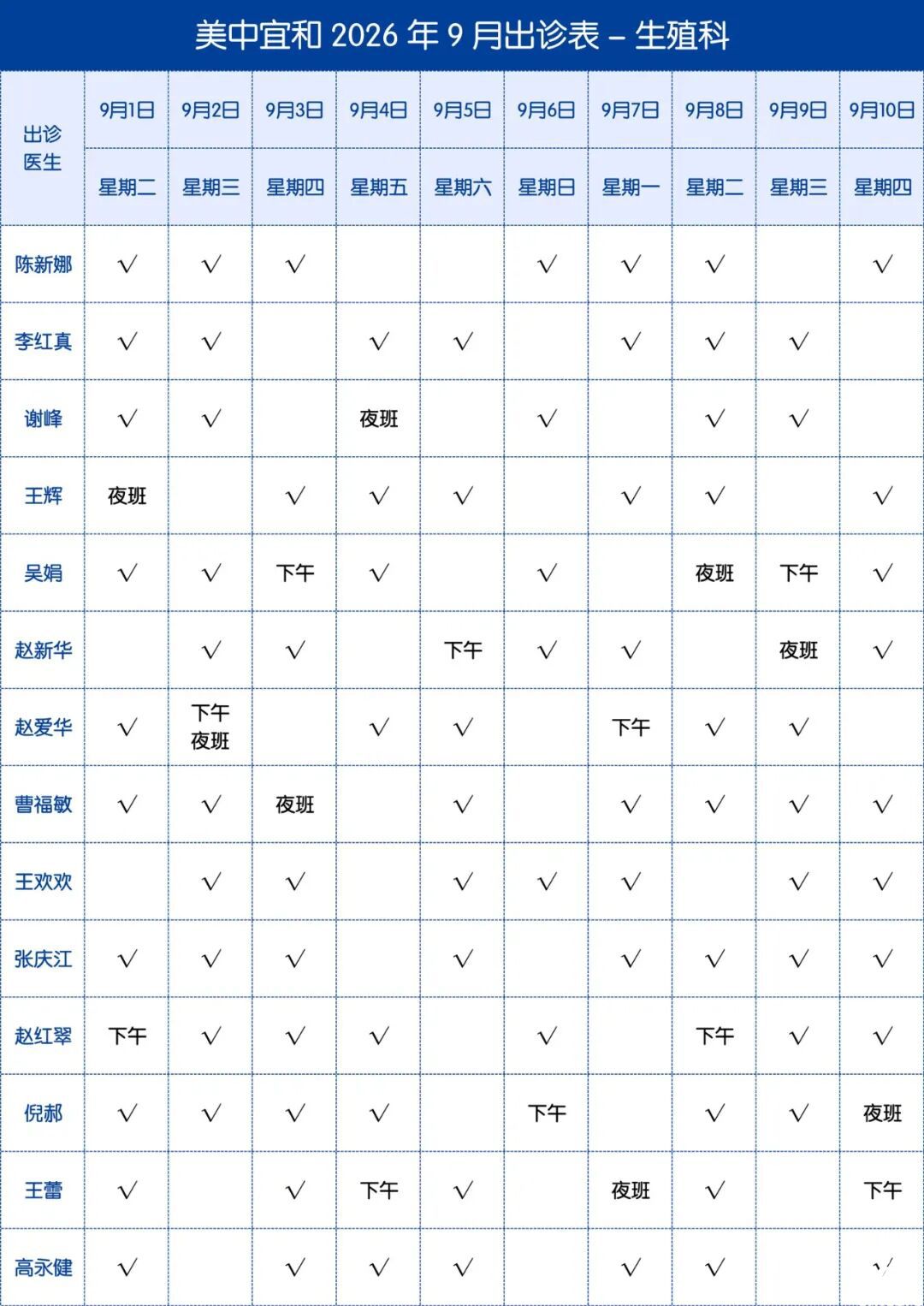 美中宜和生殖中心2026年9月医生出诊表